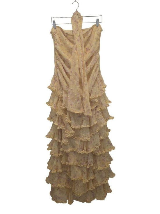 PrettyLittleThing Dresses & Skirts - PrettyLittleThing Pastel Yellow Chiffon Floral Print Tiered Frill Maxi Dress 12